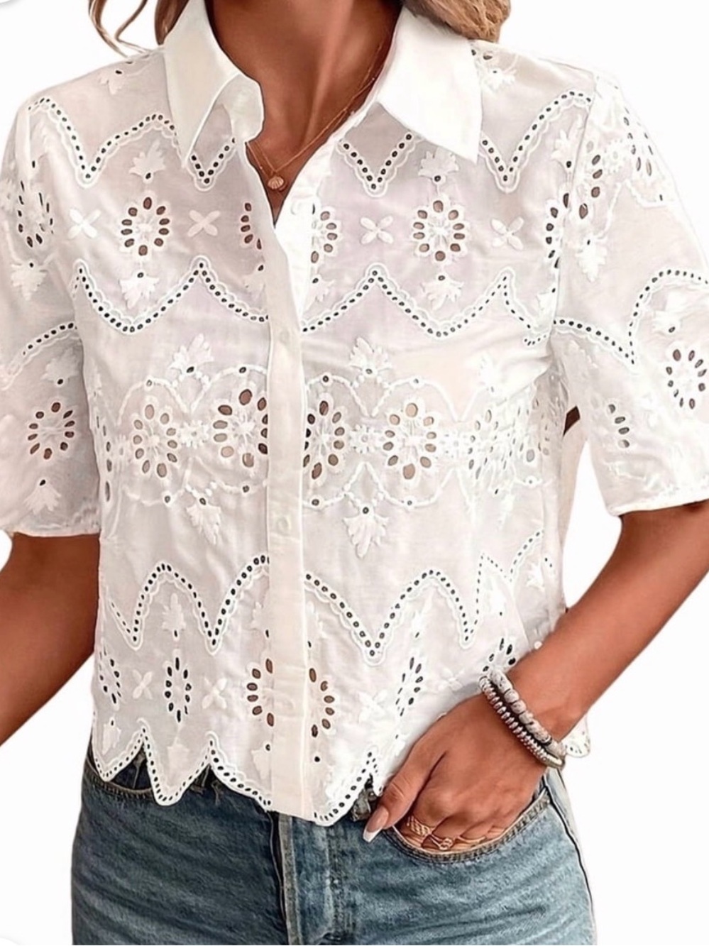 White Eyelet Button-Front Short Sleeve Top